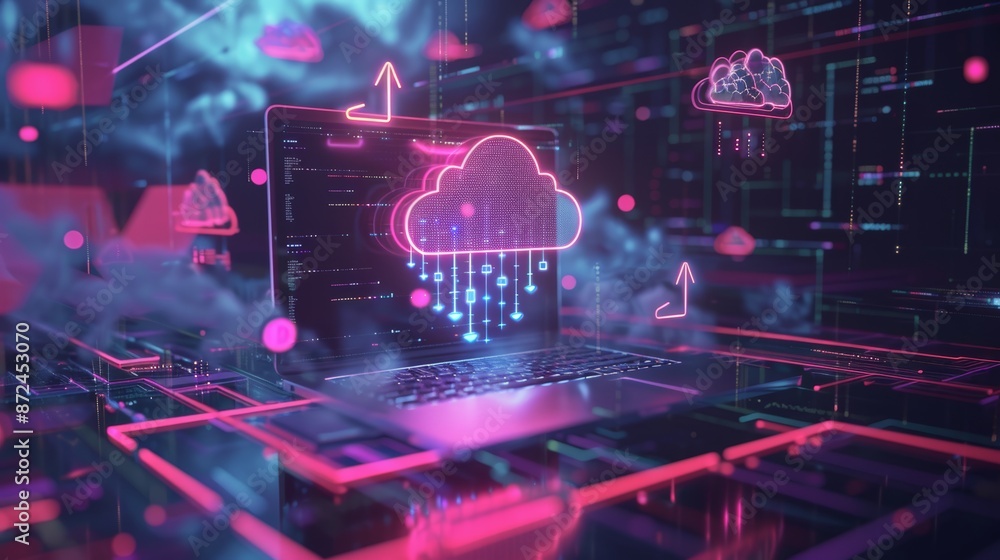 Digital Cloud Computing Holographic Laptop with Upload and Download Arrows Floating Folders and Glowing Tech Patterns Modern Data Management Concept in HighTech Setting Digital Cloud Computing Holographic Laptop with Upload and Download Arrows Floating Folders and Glowing Tech Patterns Modern Data Management Concept in HighTech Setting