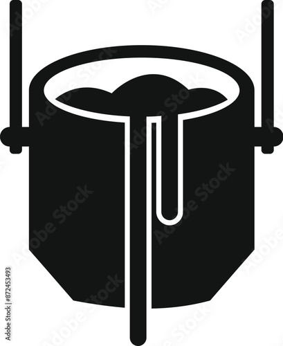 Black and white icon of molten steel pouring from a furnace in a metalworking factory