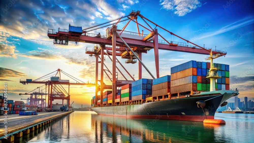 Fototapeta premium Loading containers onto cargo ship with industrial crane , container ship, cargo loading