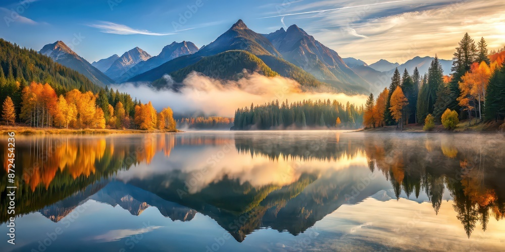 Fototapeta premium Serene mountain range reflection in misty lake with autumn colors and peaceful atmosphere , Serene
