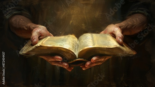 Sacred Serenity Hands Embracing Open Bible in Reverent Glow Symbol of Faith and Devotion
