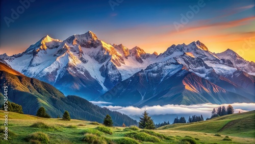 Majestic mountain landscape at sunrise with snow-capped peaks and clear blue sky , mountains, landscape, sunrise, snow