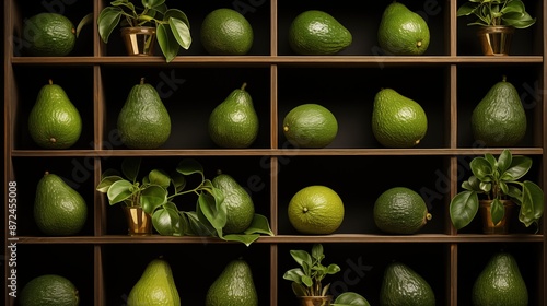 A neatly arranged display of avocados and small potted plants on wooden shelves.