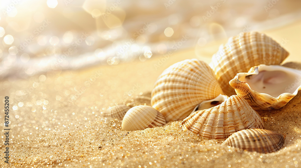 seashells on sandy beach background close up seashells on sandy beach background close up