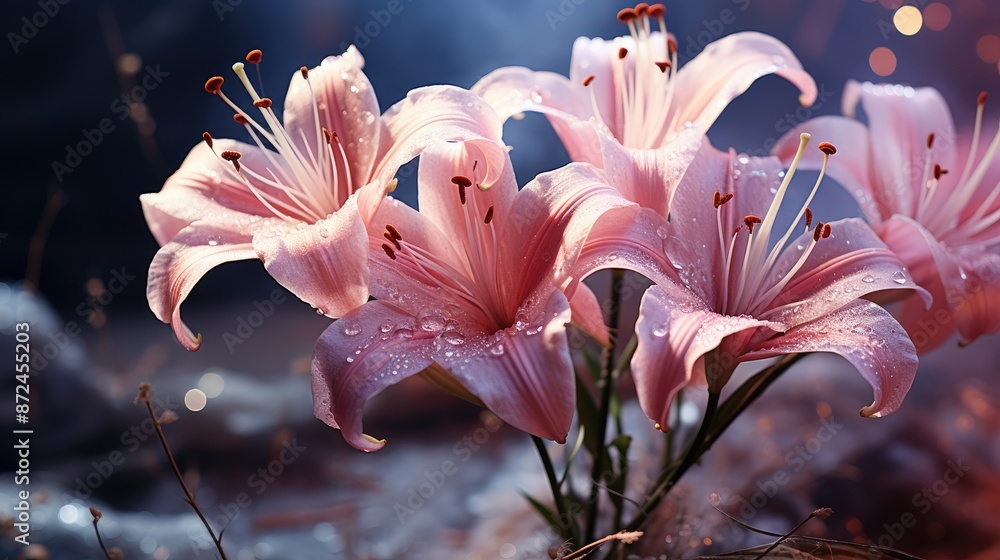 a pink flower is sitting on a wet surface with water droplets. a pink flower is sitting on a wet surface with water droplets.