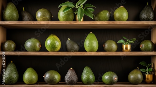 A neatly arranged display of various avocados on wooden shelves, with small potted plants interspersed.