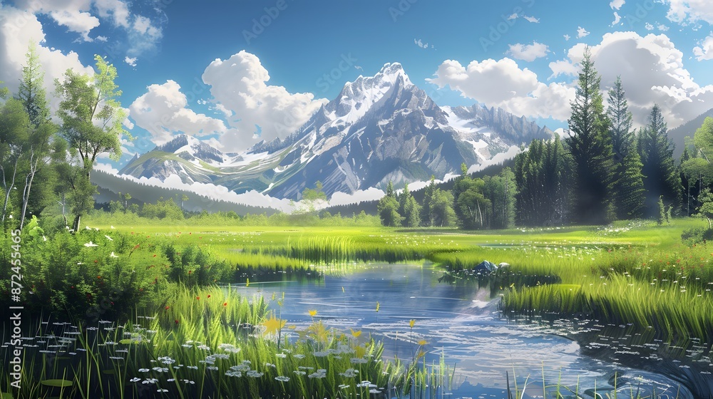 Fototapeta premium Majestic mountain peak tranquil meadow flowing water generated. 