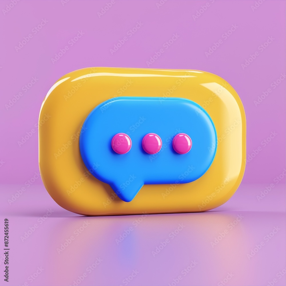 3D chat bubble icon in yellow and blue with pink accents on a purple background. Modern digital communication symbol for social media or messaging. 3D chat bubble icon in yellow and blue with pink accents on a purple background. Modern digital communication symbol for social media or messaging.