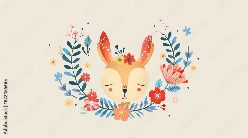 Fototapeta premium A cute illustrated deer surrounded by colorful flowers and leaves. Perfect for a whimsical and nature-themed design project.