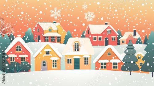 A whimsical winter village scene with colorful houses, snow-covered roofs, and falling snowflakes against a warm orange sky.