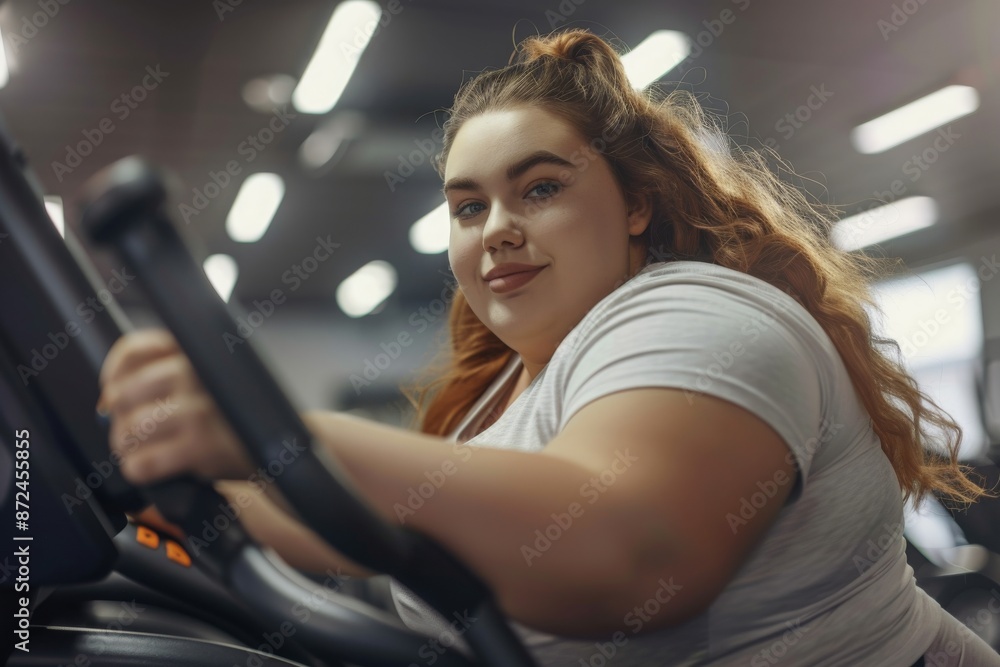 Portrait of a confident plus-size woman exercising on a gym machine, focusing on fitness and healthy living. Concept of body positivity, strength, and self-care.
Portrait of a confident plus-size woman exercising on a gym machine, focusing on fitness and healthy living. Concept of body positivity, strength, and self-care.