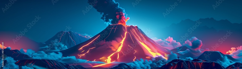 Obraz premium Dramatic volcanic eruption with glowing lava and ash cloud under a vibrant sky, captured in stunning detail for awe-inspiring visual impact.