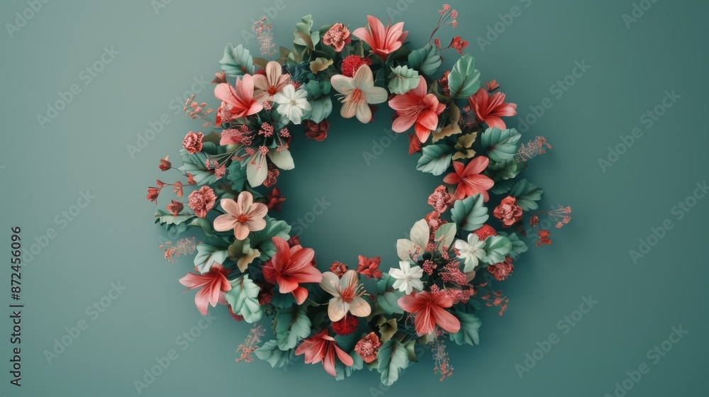 Elegant floral wreath with pink and white flowers on a green background, perfect for decoration and festive themes. Elegant floral wreath with pink and white flowers on a green background, perfect for decoration and festive themes.