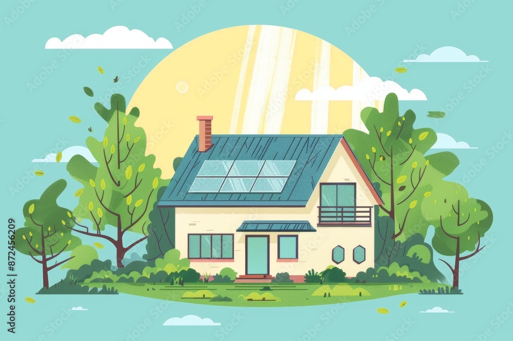 Naklejka premium Illustration of a cozy house with solar panels on the roof surrounded by lush green trees and a bright sun backdrop.