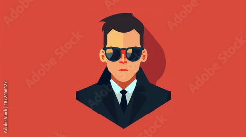 Vector illustration of a cool, mysterious man in sunglasses and a suit, set against a bold red background.