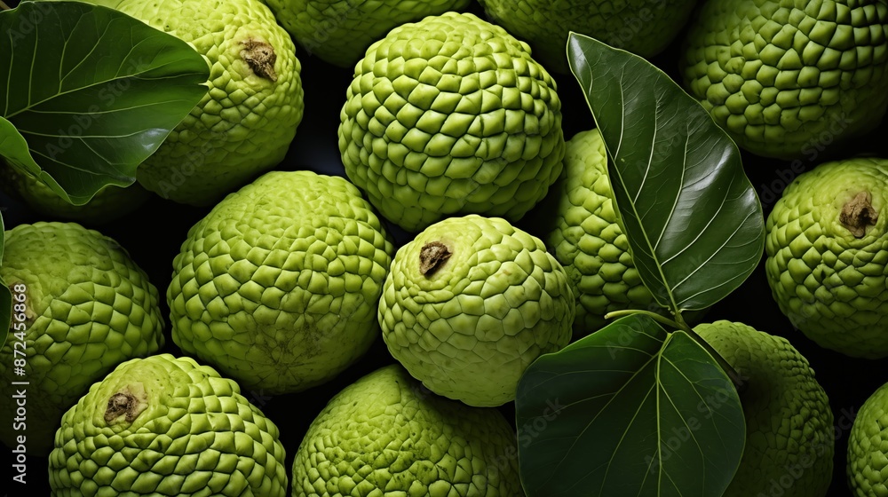 Cherimoya background. A close-up view of several green breadfruits with textured skin, accompanied by large green leaves. Cherimoya background. A close-up view of several green breadfruits with textured skin, accompanied by large green leaves.