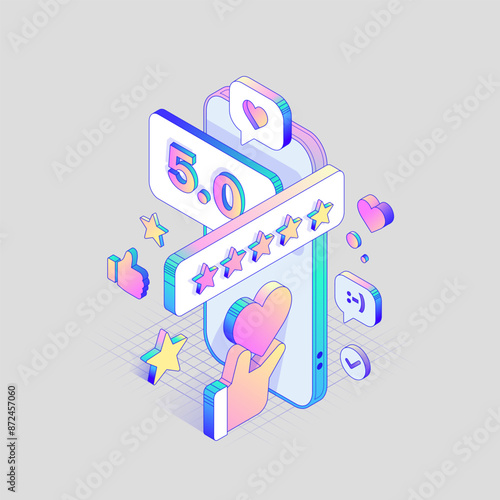 3d Stars Review and Rating Button in different Isometric Dimension. Big five sign in Holographic colors. Heart symbol Vector illustration
