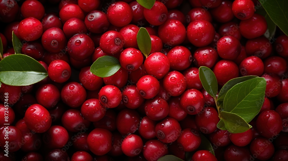 Cranberries backdrop. Fresh, red cranberries with green leaves, covered in water droplets. Cranberries backdrop. Fresh, red cranberries with green leaves, covered in water droplets.