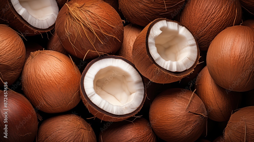 Coconut beauty texture. Pile of whole and halved coconuts, showcasing their brown fibrous shells and white interiors. Coconut beauty texture. Pile of whole and halved coconuts, showcasing their brown fibrous shells and white interiors.