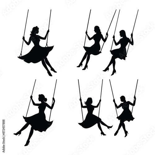 Women swinging on the swing silhouette vector art illustration