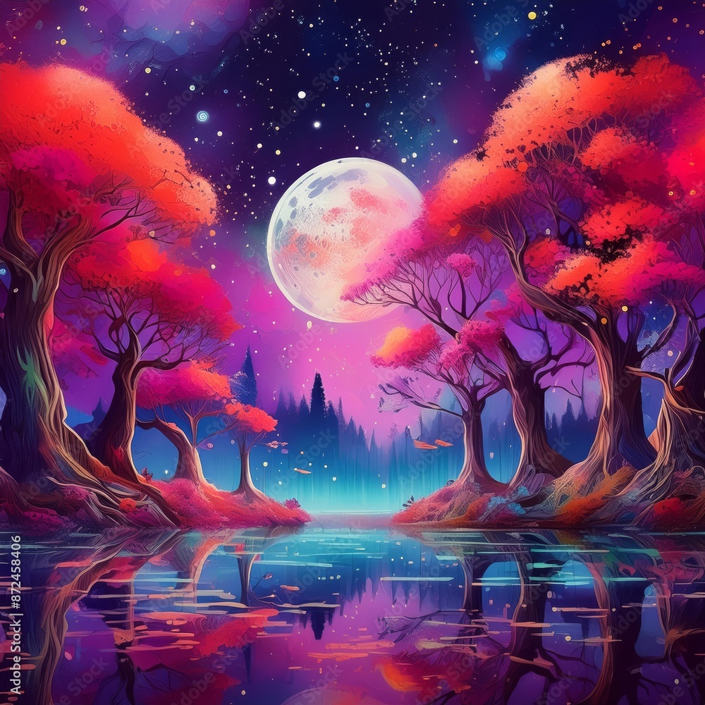 The painting depicts a serene lake surrounded by trees under a full moon. It captures the beautiful night sky and the tranquil natural environment The painting depicts a serene lake surrounded by trees under a full moon. It captures the beautiful night sky and the tranquil natural environment
