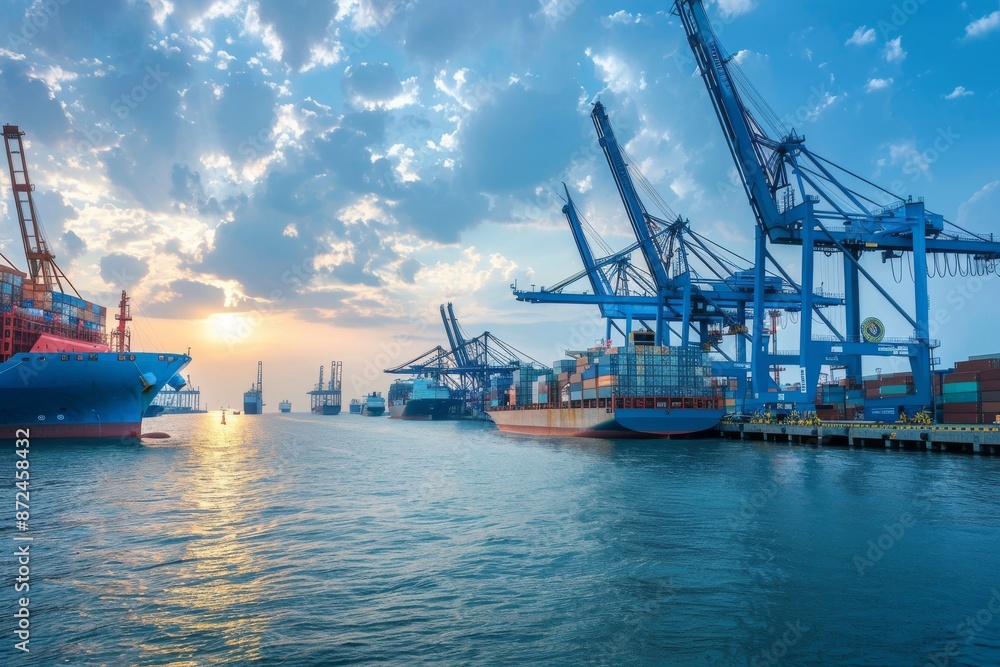 Cargo Ships Docked at a Busy Port Cargo Ships Docked at a Busy Port