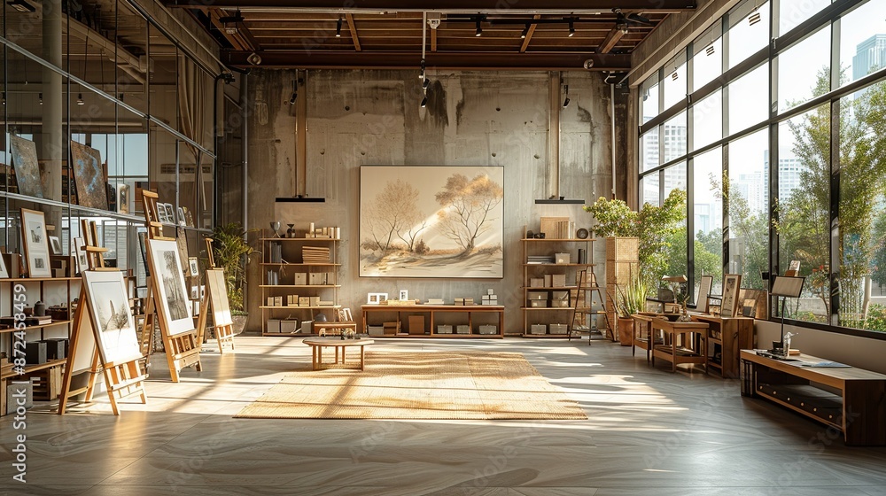 Fototapeta premium Workshop stage mockup in a creative studio with artists, easels, and artistic displays. , Minimalism,