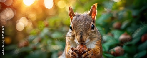 Closeup of a squirrel holding a nut, lush green background, high detail, focused and determined expression, high resolution, intricate fur and whiskers, natural and serene setting