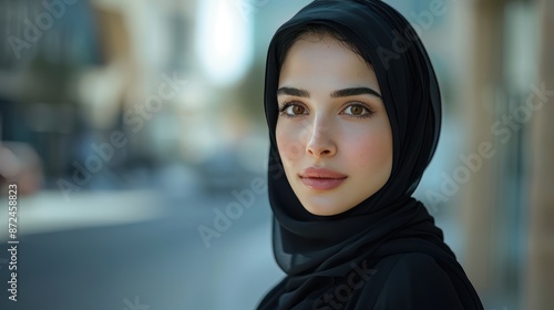 Modest Saudi Woman in Trendy Black Abaya and Hijab for Fashionable Muslim Women Portrait