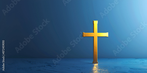 The image shows a golden cross floating on a blue background, illuminated by a small light.