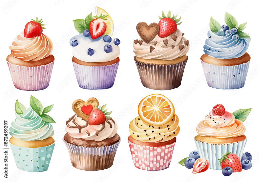 水彩画のカップケーキイラストセット 水彩画のカップケーキイラストセット
