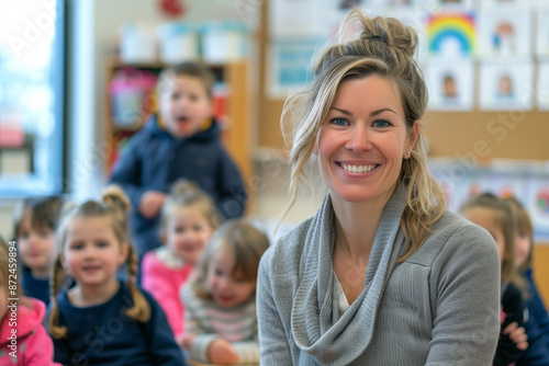 Photography of canadian school classroom scene with children in background and the teacher on front.