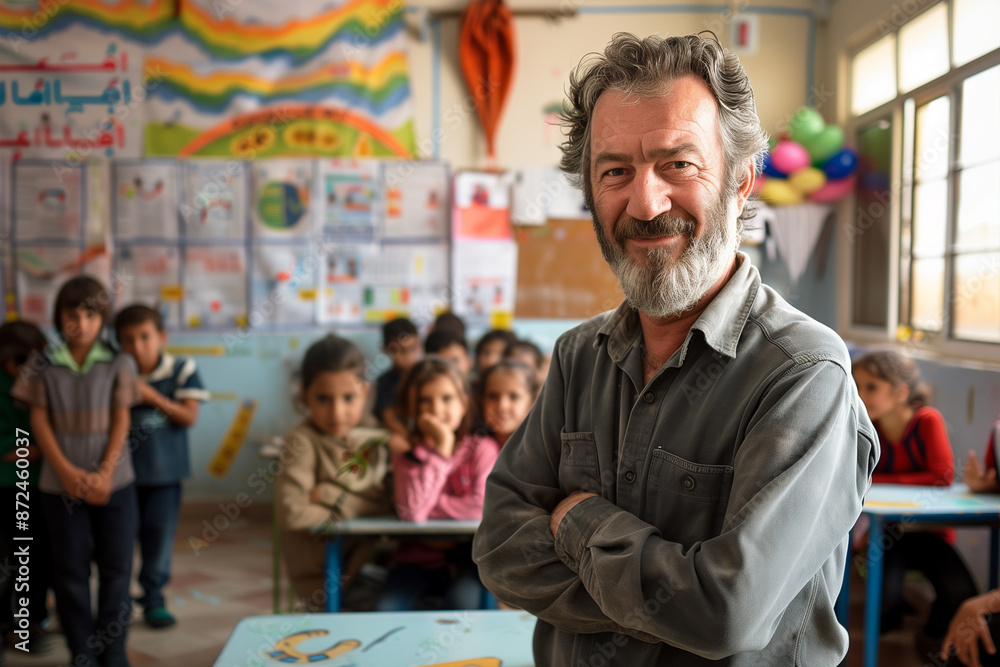 Photography of turkish school classroom scene with children in background and the teacher on front. Photography of turkish school classroom scene with children in background and the teacher on front.