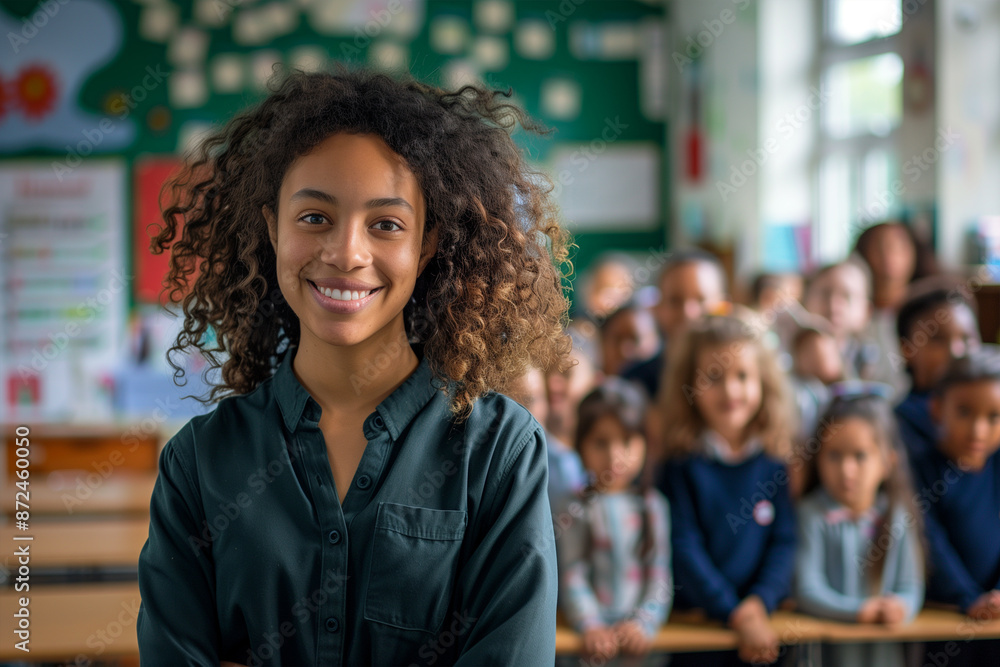 Fototapeta premium Photography of english school classroom scene with children in background and the teacher on front.