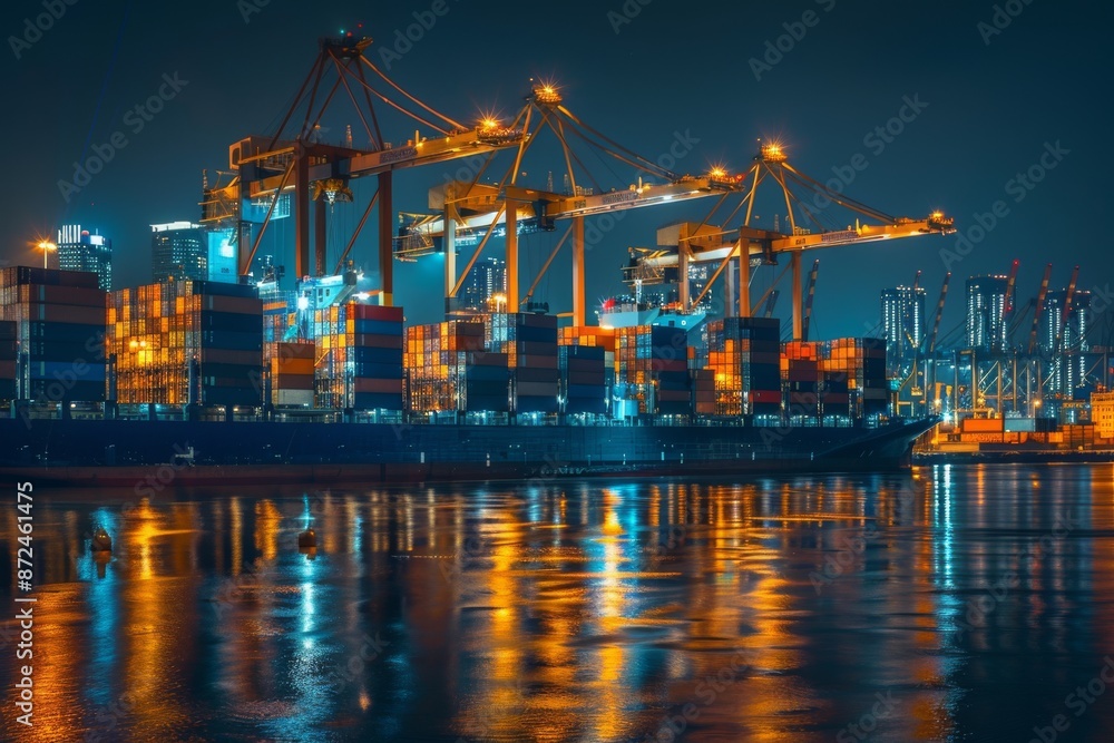 Cargo Ship at Night, Illuminated by Lights Cargo Ship at Night, Illuminated by Lights