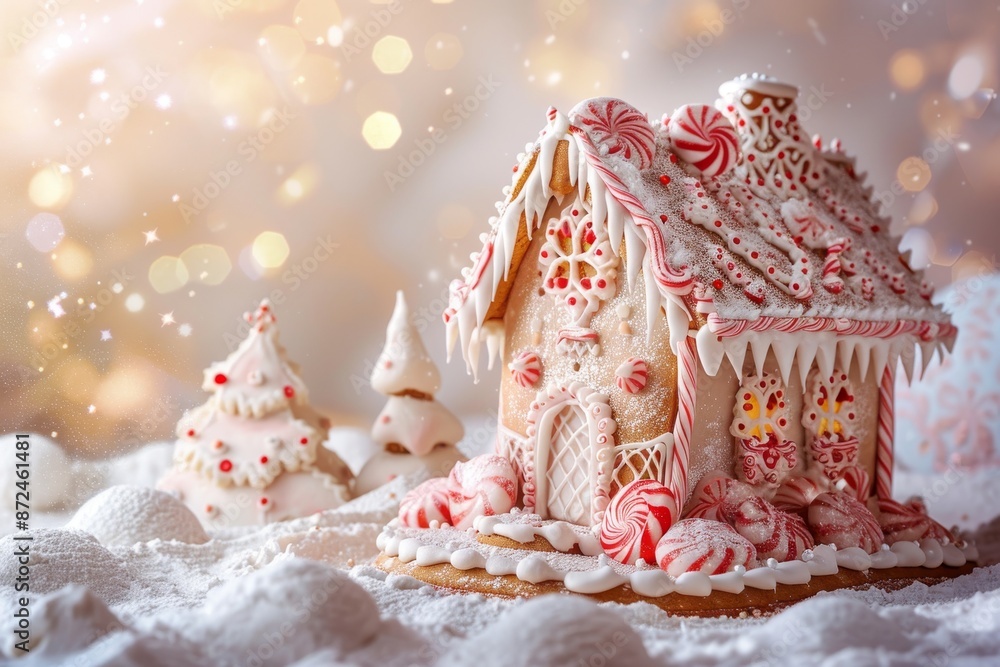 Fototapeta premium A beautifully decorated gingerbread house with icing and candy details, set against a soft, festive background