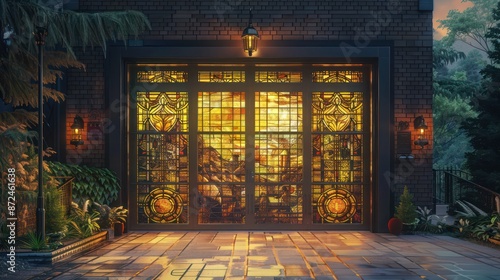 garage door designed to look like a series of antique stained glass panels, each telling a different story through color and light
