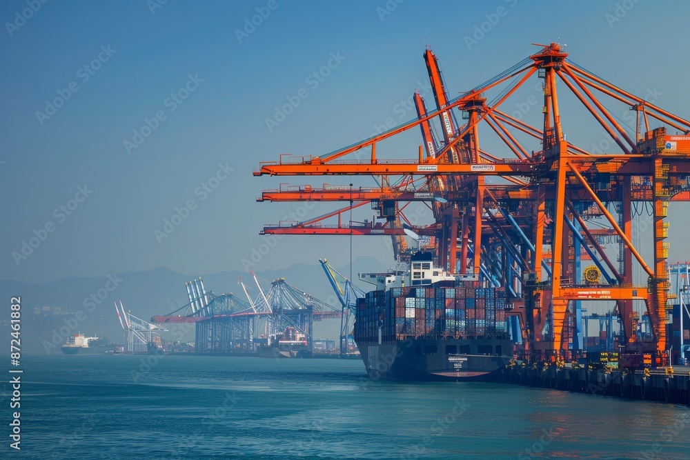 Cargo Ship and Cranes at a Busy Port Cargo Ship and Cranes at a Busy Port