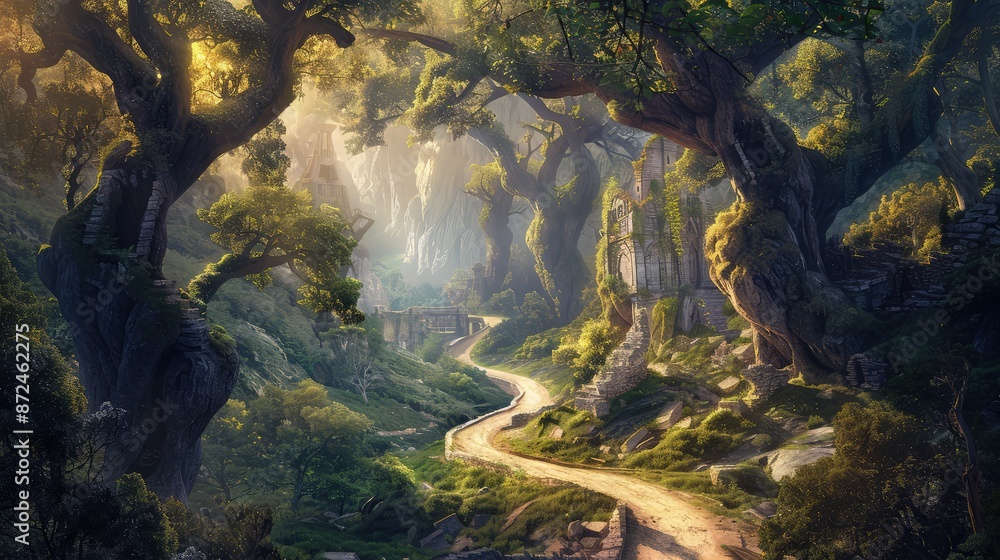 A winding path leading through a forest of towering, ancient trees, with light filtering through the canopy to reveal hidden ruins. A winding path leading through a forest of towering, ancient trees, with light filtering through the canopy to reveal hidden ruins.
