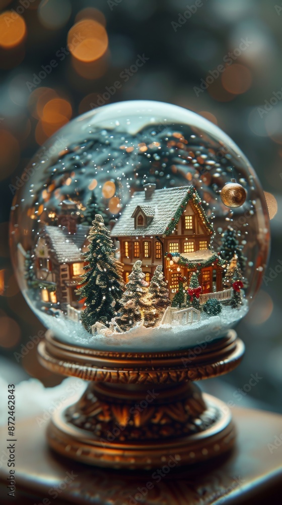 A detailed snow globe featuring a tiny, festive village scene inside, with falling snow and a soft-focus holiday background A detailed snow globe featuring a tiny, festive village scene inside, with falling snow and a soft-focus holiday background