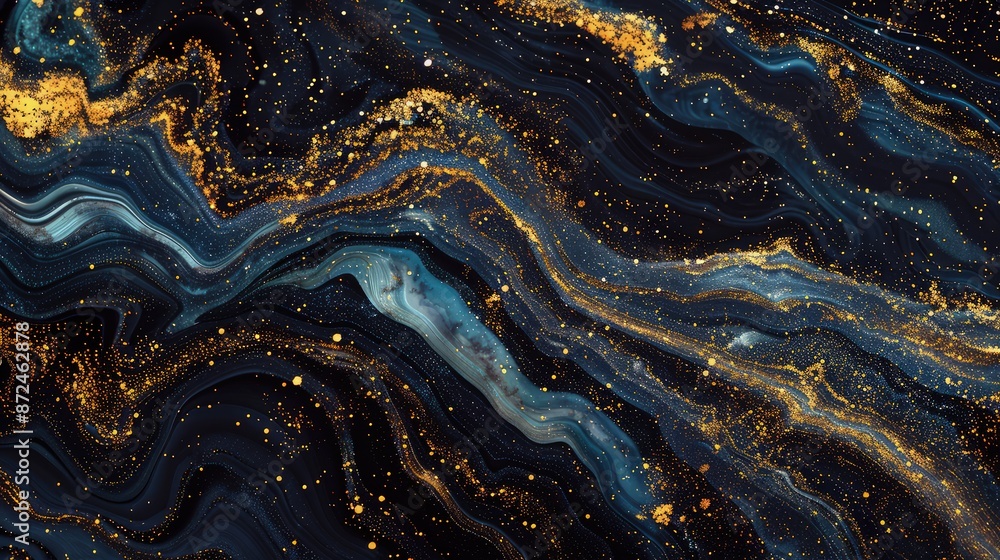 An abstract celestial scene where gold metallic veins mimic the intricate paths of stars across a marbled black and indigo sky. An abstract celestial scene where gold metallic veins mimic the intricate paths of stars across a marbled black and indigo sky.