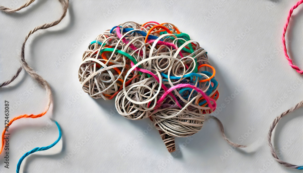 Brain with Tangled Threads and Rubber Bands Representing Anxiety in Handmade Style Brain with Tangled Threads and Rubber Bands Representing Anxiety in Handmade Style