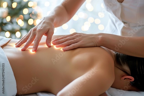 Relaxation therapy - therapeutic professional massage for body care, featuring a beautiful woman receiving an exquisite back massage from skilled hands at the spa, promoting wellness and tranquility.