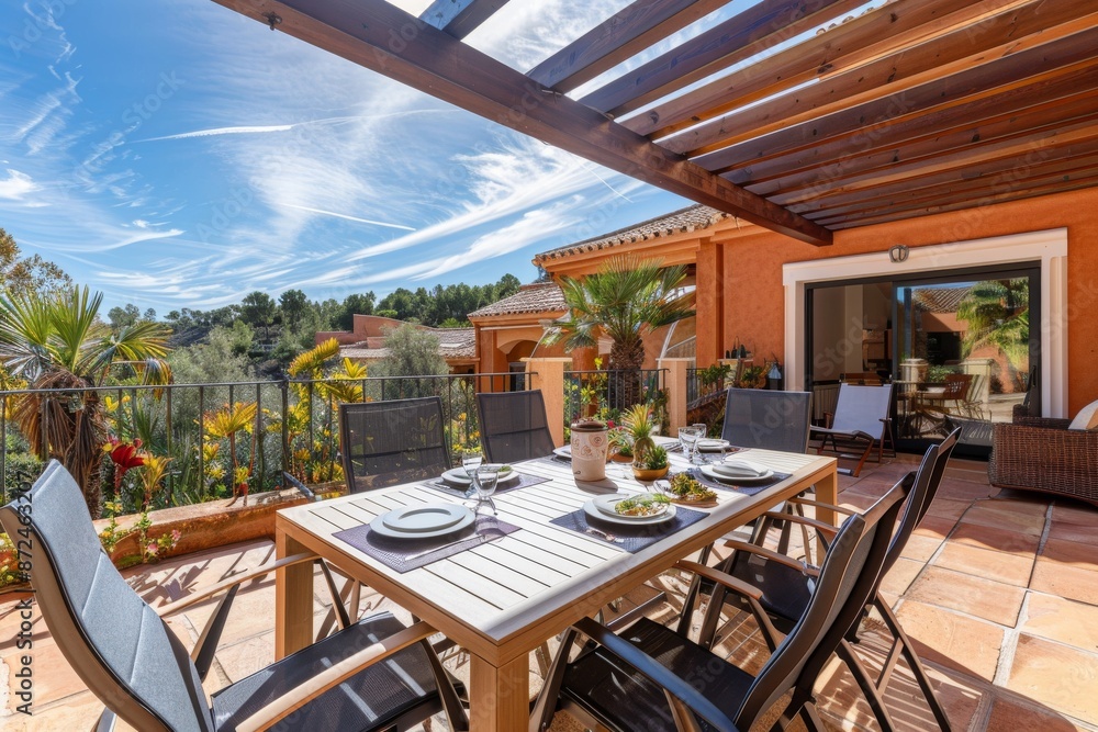 Outdoor Dining Terrace with Pergola and Mediterranean Views Outdoor Dining Terrace with Pergola and Mediterranean Views