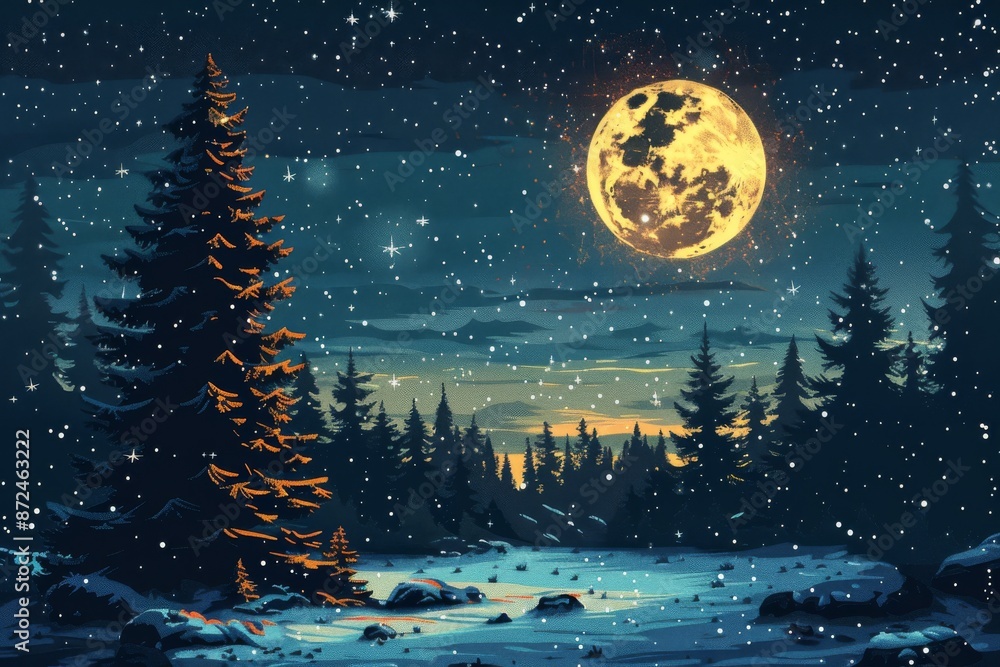 Naklejka premium A night sky filled with stars and a bright full moon, with a silhouette of a snowy pine forest and a decorated Christmas tree in the foreground