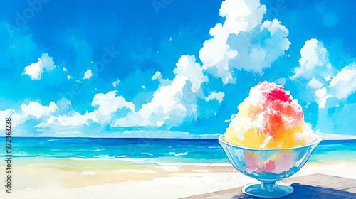 夏の海とかき氷の水彩イラスト背景