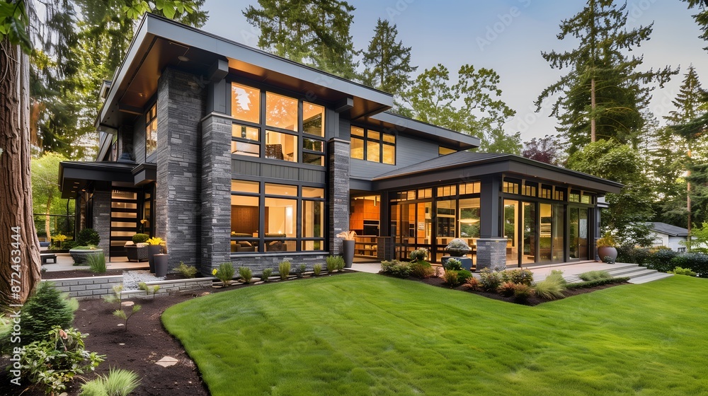 Modern Family Home with Large Windows and Lush Landscaping at Dusk. Modern Family Home with Large Windows and Lush Landscaping at Dusk.
