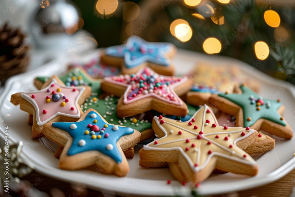 A plate of assorted Christmas cookies in festive shapes like stars and trees, decorated with colorful icing and sprinkles A plate of assorted Christmas cookies in festive shapes like stars and trees, decorated with colorful icing and sprinkles