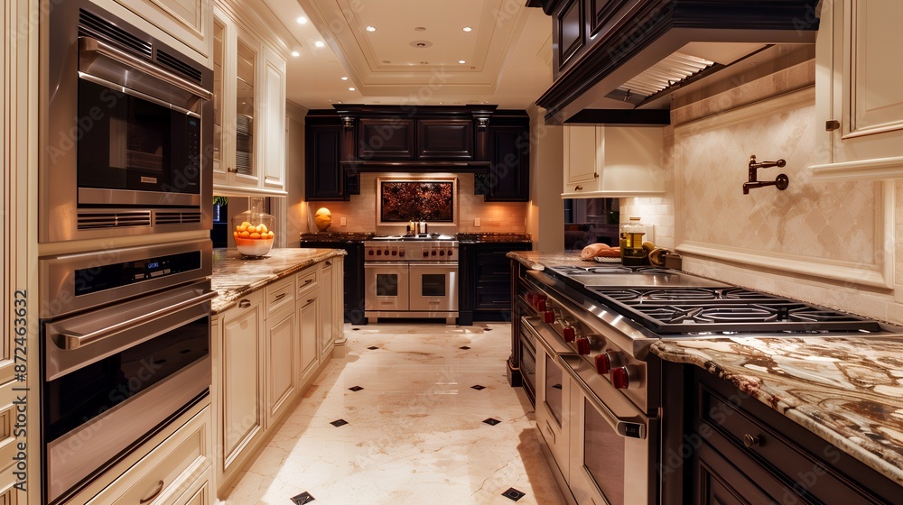 Fototapeta premium Elegant Gourmet Kitchen with Dark and Light Cabinetry Featuring State-of-the-Art Appliances.