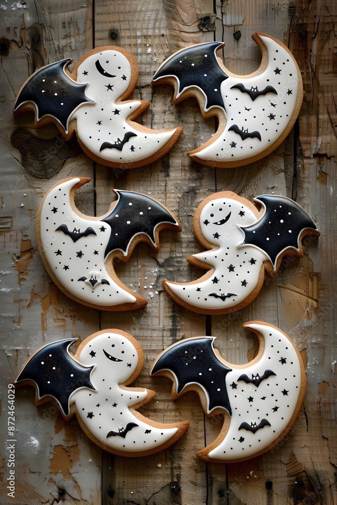 Delicate Hand-Painted Halloween Sugar Cookies Arranged with Vintage Charm on Rustic Wooden Surface Delicate Hand-Painted Halloween Sugar Cookies Arranged with Vintage Charm on Rustic Wooden Surface
